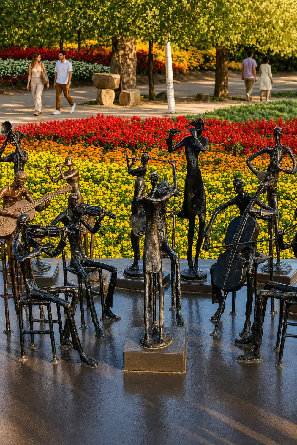 Black statue musicians with colorful flower field background