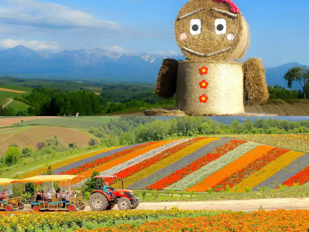 Giant straw figure overlooking colorful flower fields