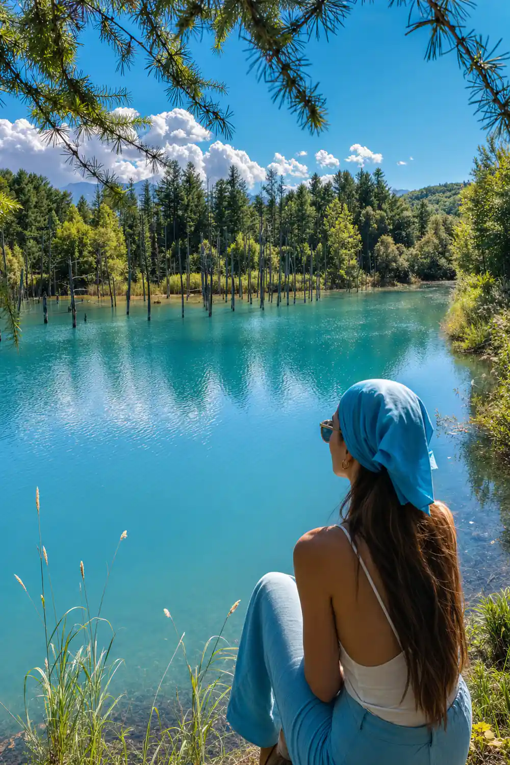 Hand holding ice cream cone above turquoise lake