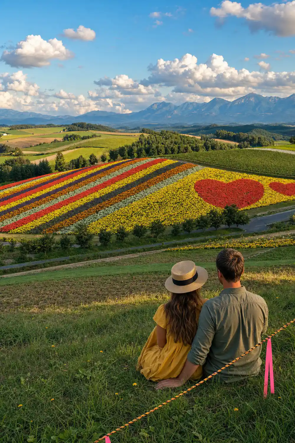 Sloped flower fields with yellow and red blooms and mountains