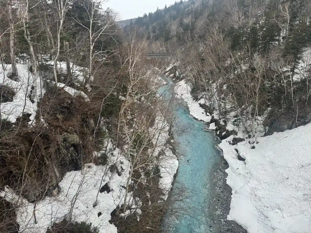 Turquoise river flowing through snowy mountain gorge